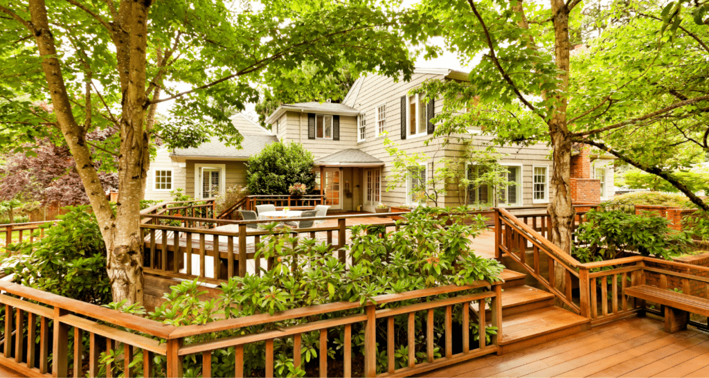 large multiple level deck engulfed with trees