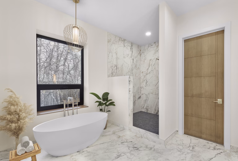 Bathroom in white marble with a jacuzzi in front of a wide window, a clean shower space, and a light brown elegant and modern door