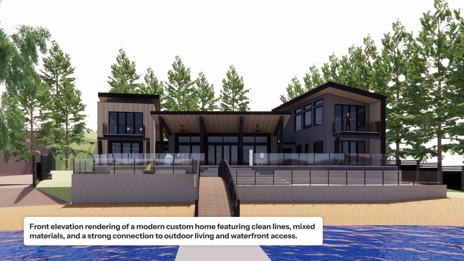 A front elevation rendering of a modern waterfront custom home featuring clean lines and mixed materials including warm wood and dark grey siding. The design includes expansive glass windows, multiple balconies with black metal railings, and a large tiered deck with glass partitions. A small bridge connects the home to a sandy beach and blue water, with tall evergreen trees in the background.