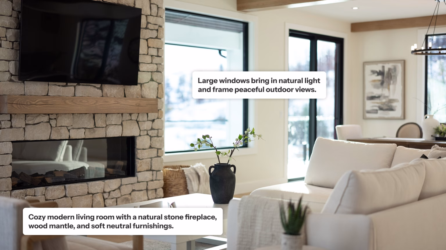 A cozy, modern living room featuring a large natural stone fireplace with a thick wood mantel and a mounted TV. Large black-framed windows provide ample natural light and views of a snowy landscape, while the space is finished with soft neutral-toned furniture and light wood ceiling beams.