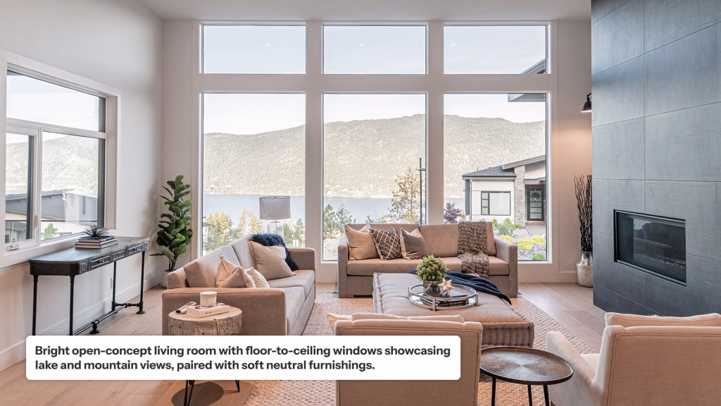 A bright, open-concept living room featuring large floor-to-ceiling windows with a panoramic view of a lake and mountains. The space is furnished with neutral-toned sofas and armchairs, a large tufted ottoman, and a sleek, floor-to-ceiling black fireplace wall.