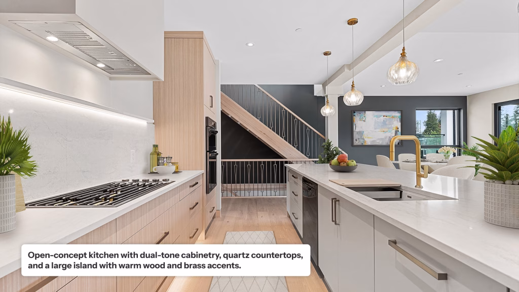 A modern open-concept kitchen featuring dual-tone cabinetry in light wood and white, paired with white quartz countertops and a large island. The space is accented with a gold faucet, glass pendant lighting, and a view into an adjacent dining area with a dark grey accent wall and a wood-railed staircase.